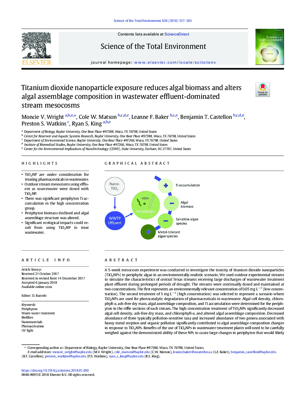 Titanium dioxide nanoparticle exposure reduces algal biomass and alters algal assemblage composition in wastewater effluent-dominated stream mesocosms