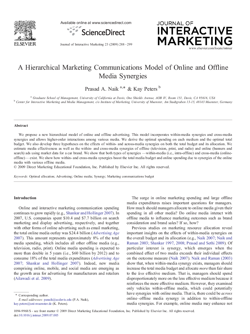 A Hierarchical Marketing Communications Model of Online and Offline Media Synergies