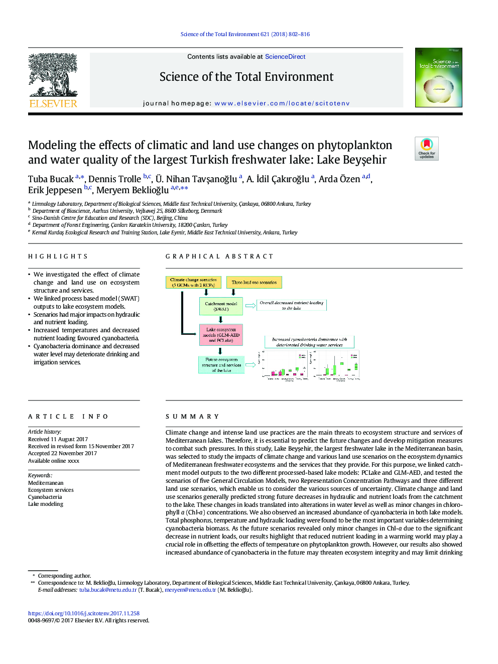 Modeling the effects of climatic and land use changes on phytoplankton and water quality of the largest Turkish freshwater lake: Lake BeyÅehir