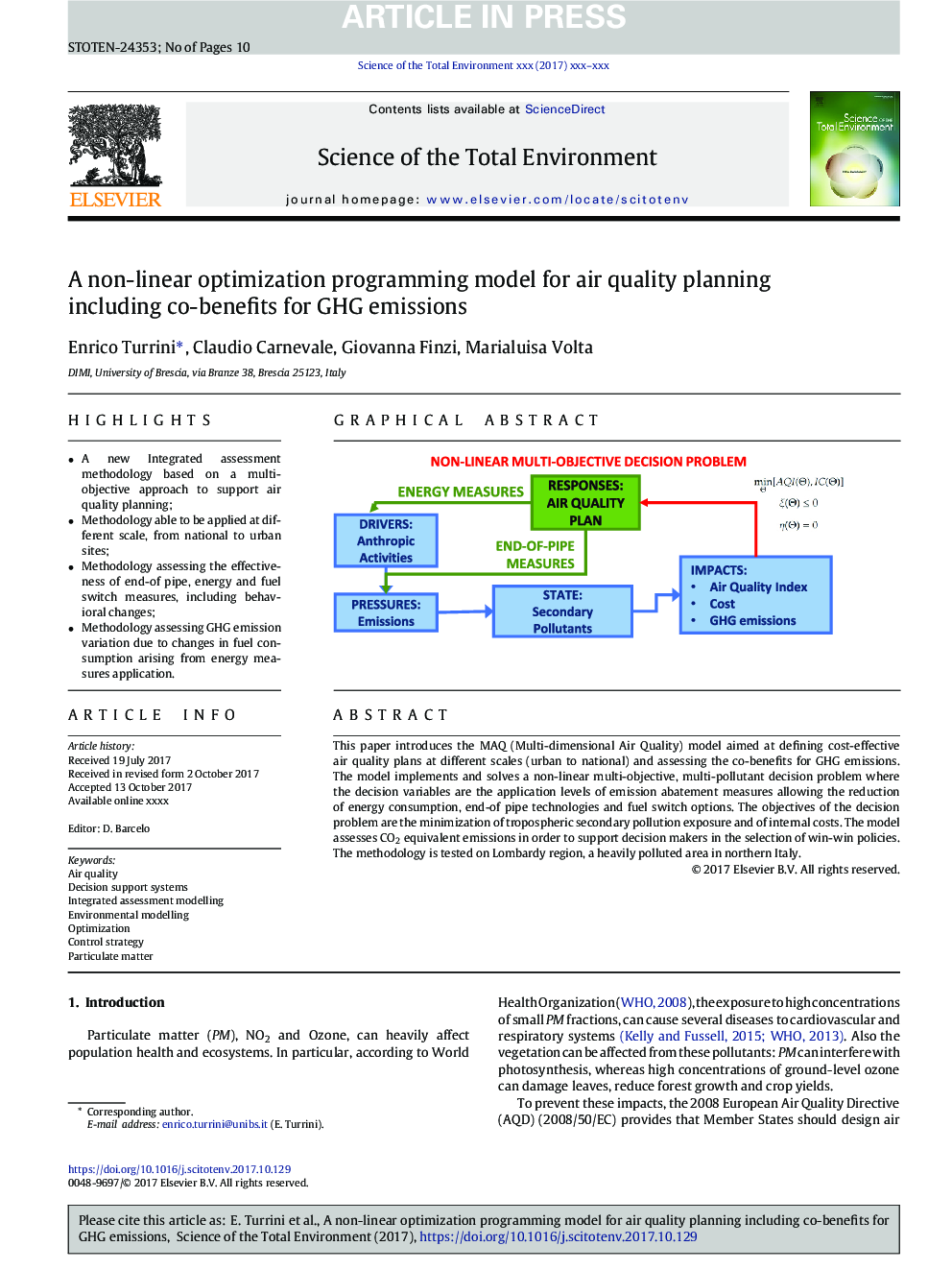 یک مدل برنامه نویسی بهینه سازی غیر خطی برای برنامه ریزی کیفیت هوا از جمله مزایای استفاده از انتشار گازهای گلخانه ای 