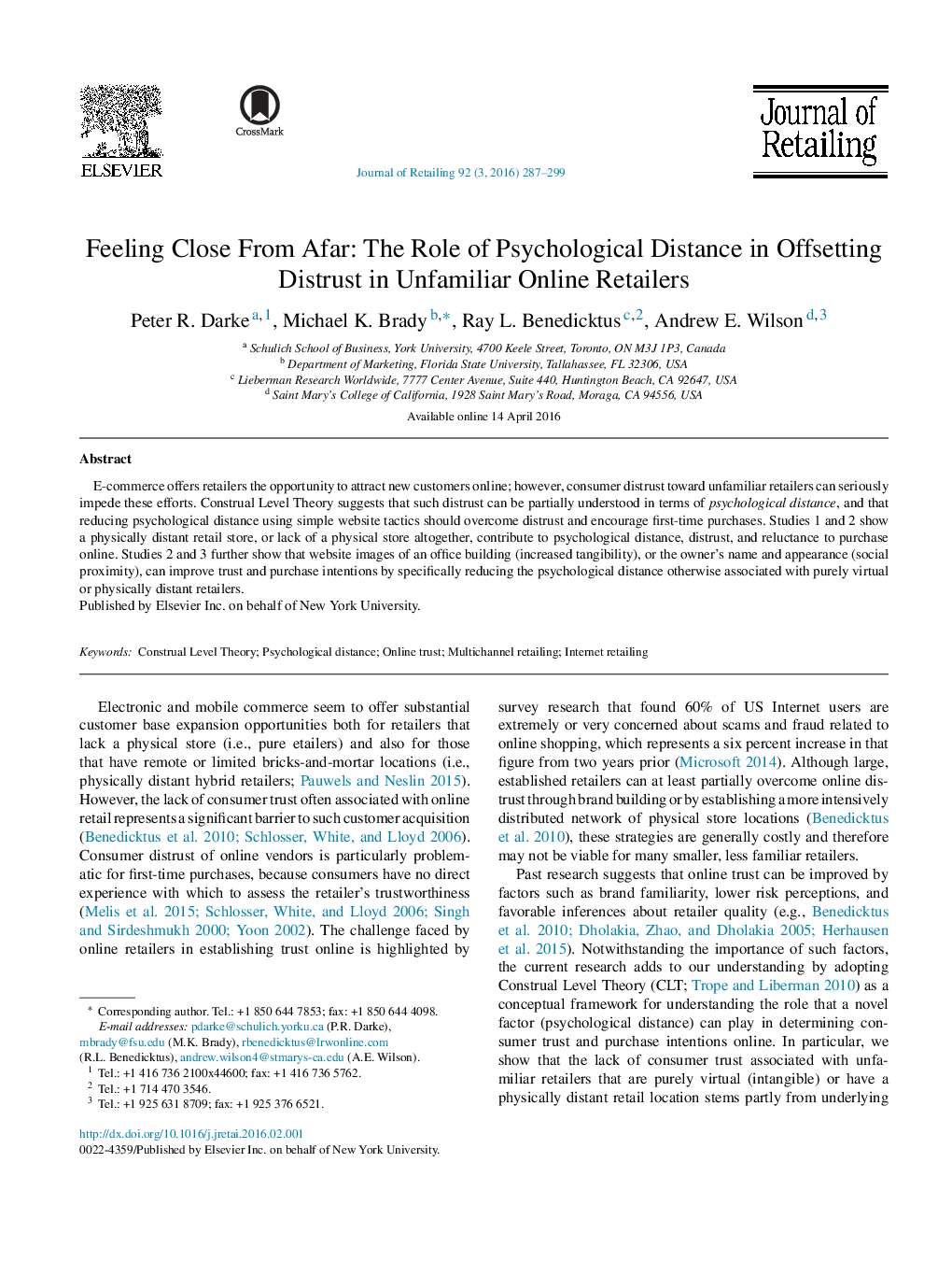 احساس نزدیک از دور: نقش فاصله روان شناختی در جبران عدم اعتماد در فروشندگان اینترنتی ناآشنا