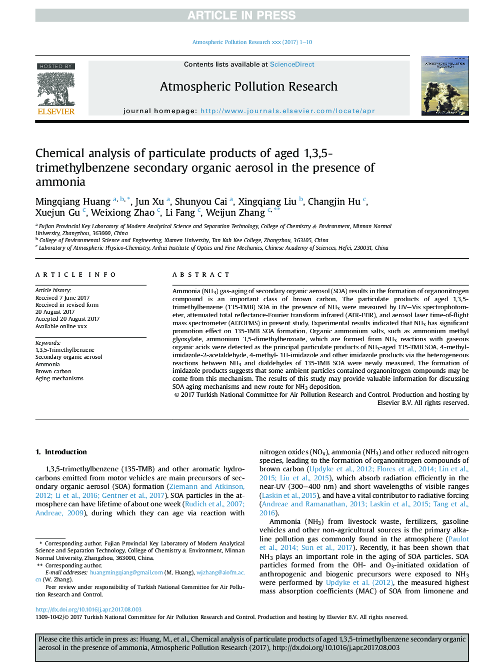 Chemical analysis of particulate products of aged 1,3,5-trimethylbenzene secondary organic aerosol in the presence of ammonia
