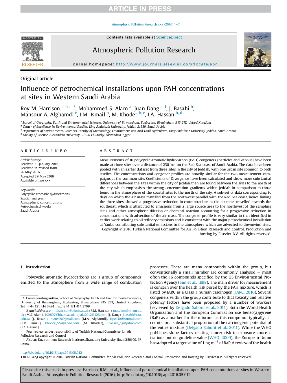 Influence of petrochemical installations upon PAH concentrations at sites in Western Saudi Arabia