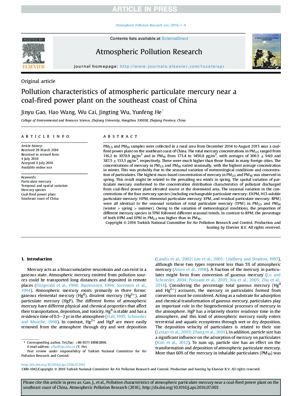 خصوصیات آلودگی جیوه ذرات جوی در نزدیکی یک نیروگاه با زغال سنگ در ساحل جنوب شرقی چین 