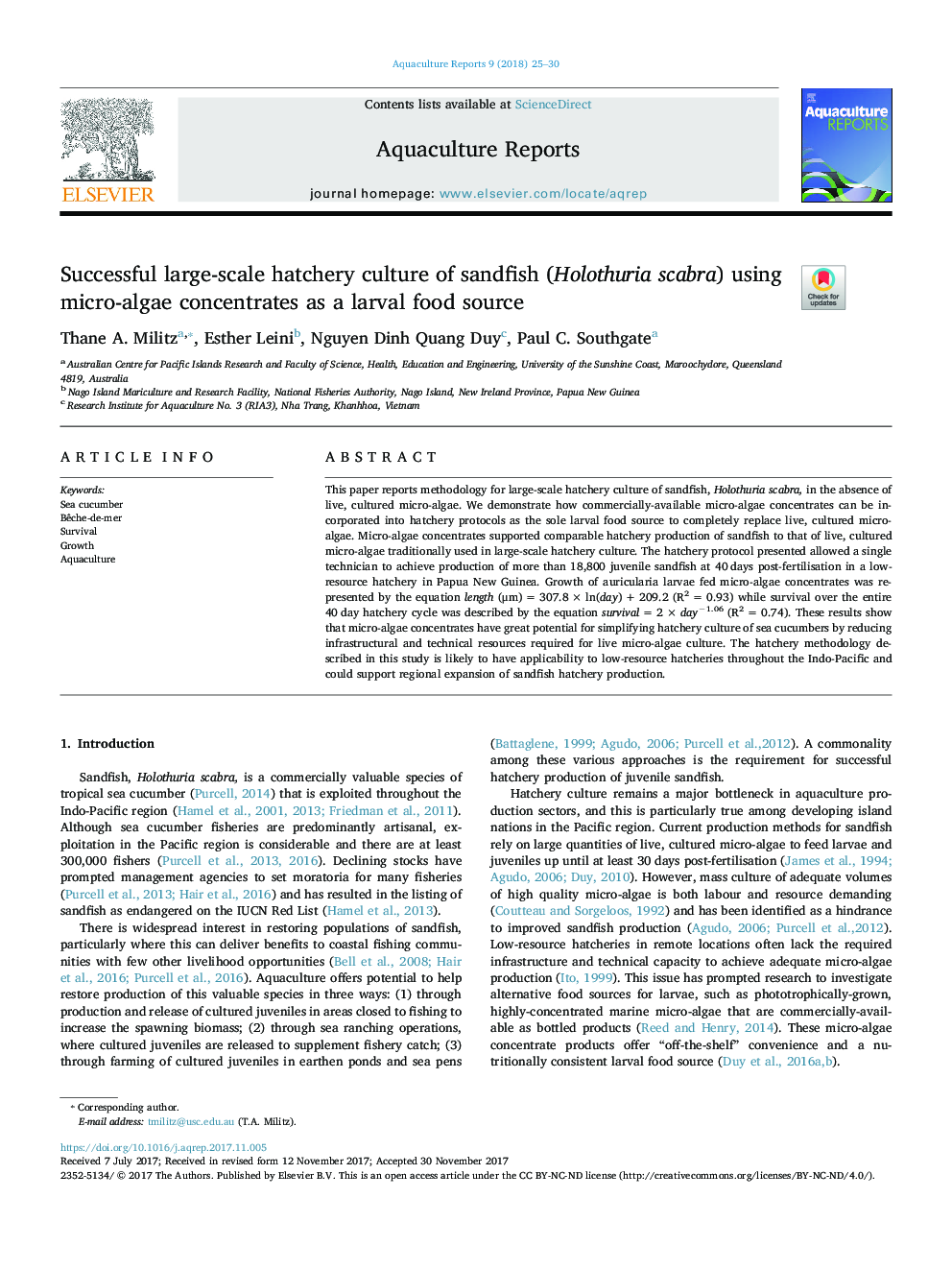 Successful large-scale hatchery culture of sandfish (Holothuria scabra) using micro-algae concentrates as a larval food source