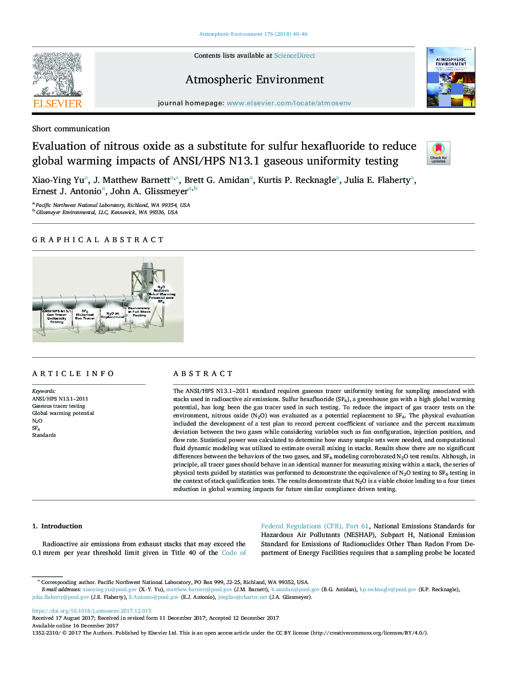 Evaluation of nitrous oxide as a substitute for sulfur hexafluoride to reduce global warming impacts of ANSI/HPS N13.1 gaseous uniformity testing