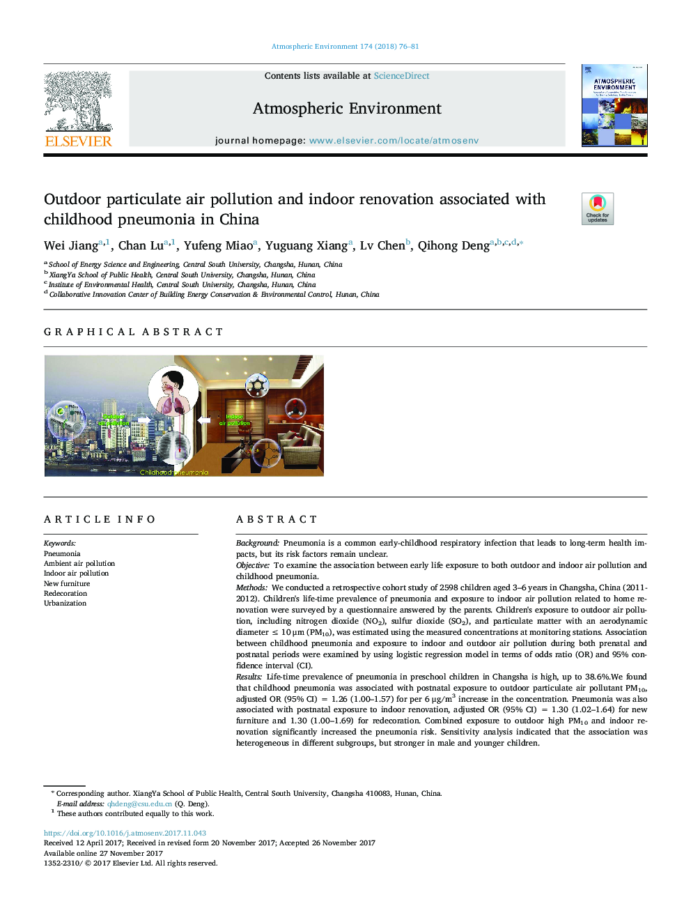 آلودگی هوا در داخل فضای باز و بازسازی داخلی در ارتباط با پنومونی دوران کودکی در چین 