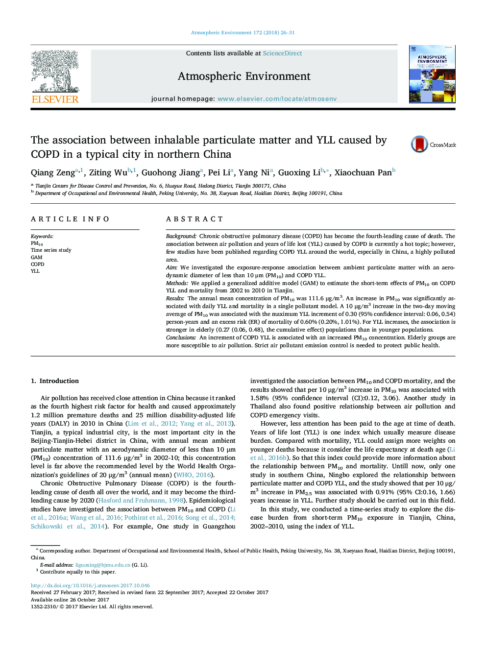 The association between inhalable particulate matter and YLL caused by COPD in a typical city in northern China