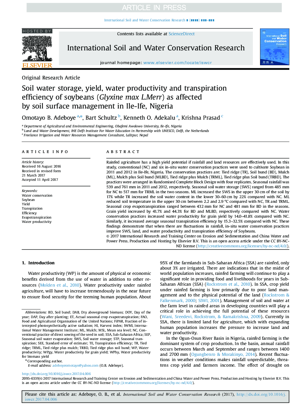 Soil water storage, yield, water productivity and transpiration efficiency of soybeans (Glyxine max L.Merr) as affected by soil surface management in Ile-Ife, Nigeria