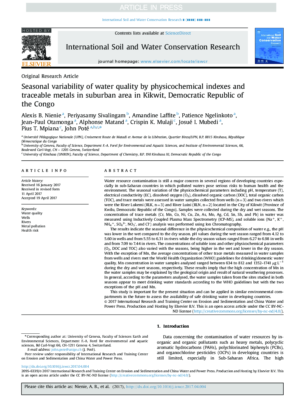 Seasonal variability of water quality by physicochemical indexes and traceable metals in suburban area in Kikwit, Democratic Republic of the Congo