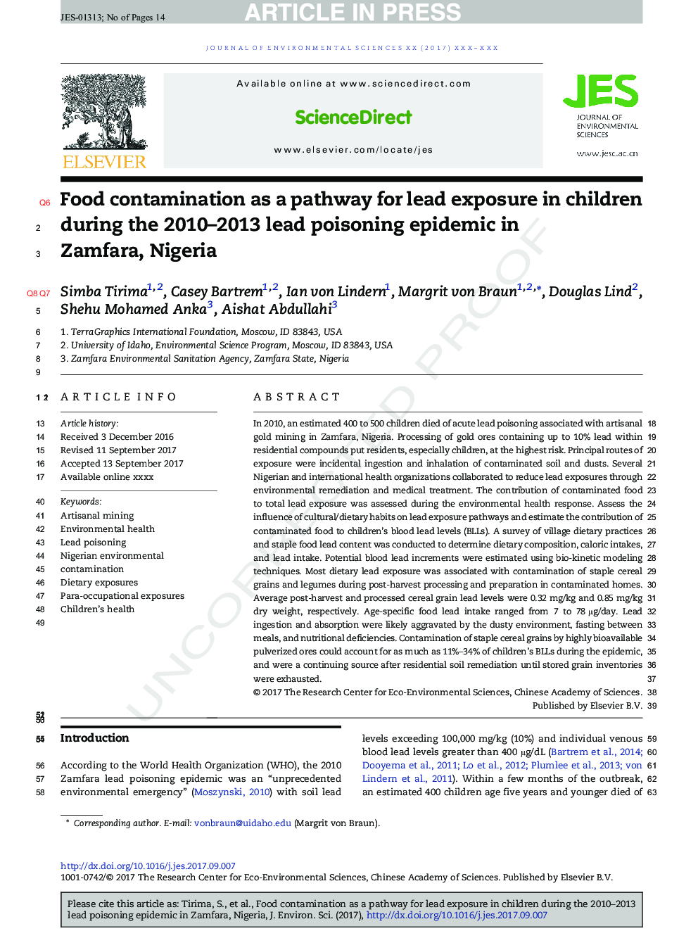 Food contamination as a pathway for lead exposure in children during the 2010-2013 lead poisoning epidemic in Zamfara, Nigeria