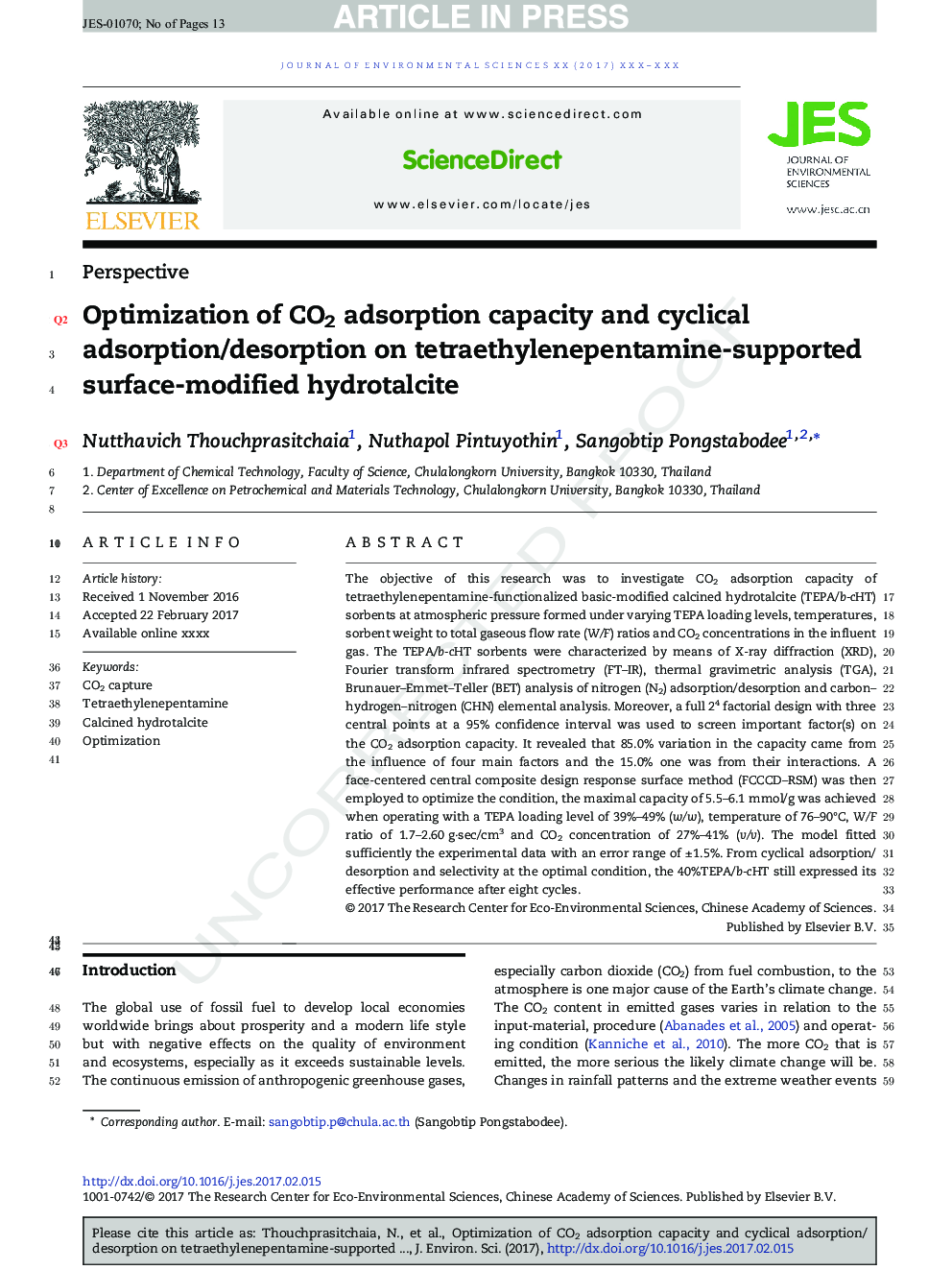 Optimization of CO2 adsorption capacity and cyclical adsorption/desorption on tetraethylenepentamine-supported surface-modified hydrotalcite