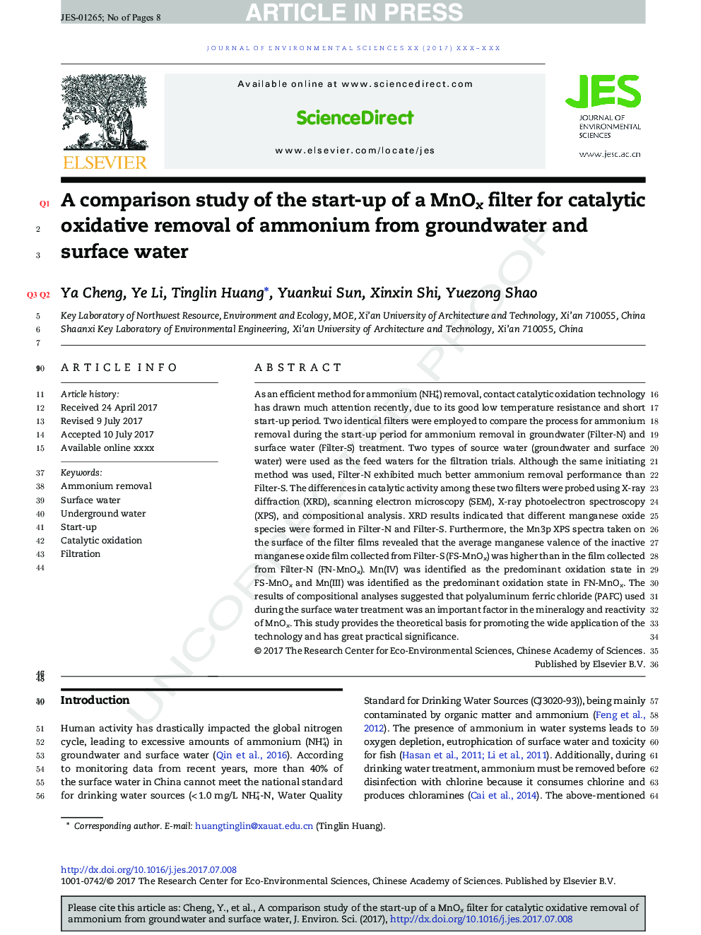 A comparison study of the start-up of a MnOx filter for catalytic oxidative removal of ammonium from groundwater and surface water