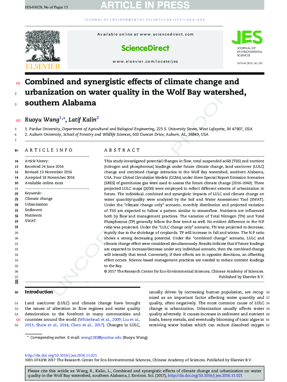 اثرات ترکیبی و هم افزایی تغییرات آب و هوایی و شهرنشینی بر کیفیت آب در حوزه آبریز گرگ، جنوب آلاباما 