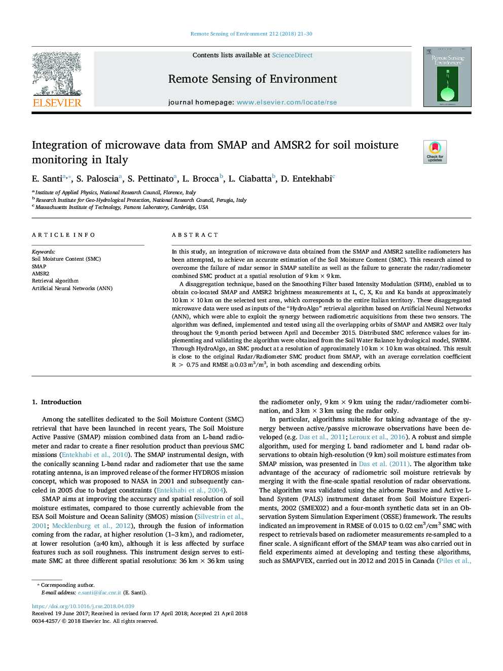 Integration of microwave data from SMAP and AMSR2 for soil moisture monitoring in Italy