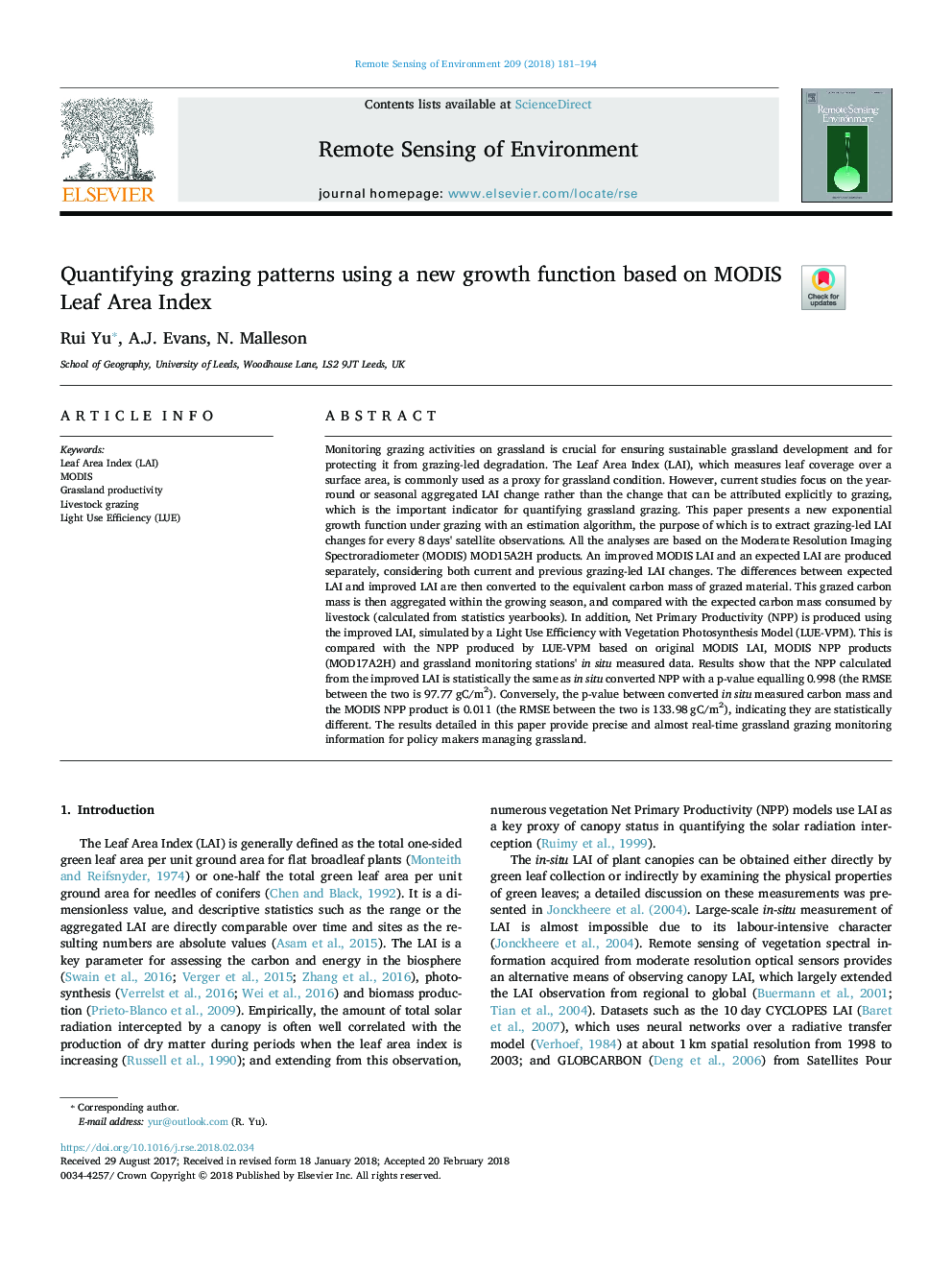 Quantifying grazing patterns using a new growth function based on MODIS Leaf Area Index