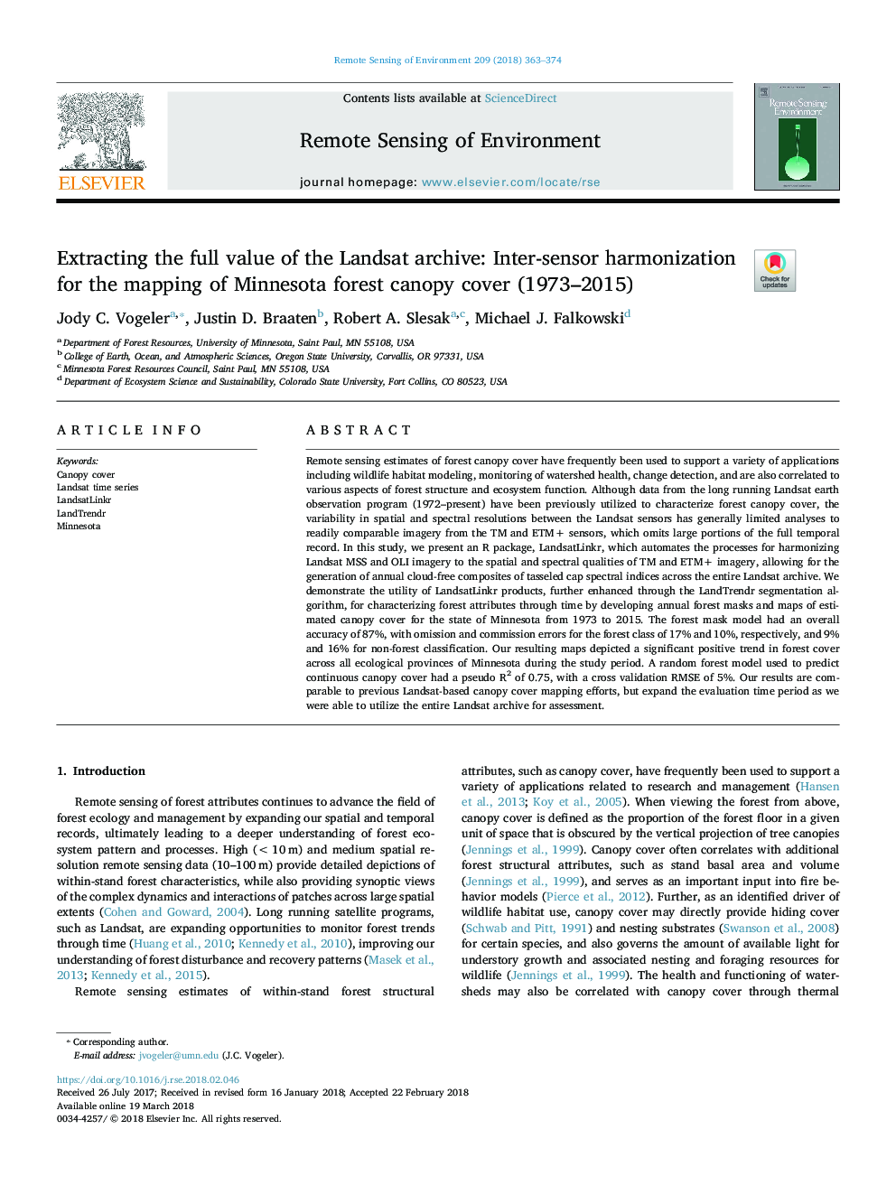 استخراج ارزش کامل آرشیو لندست: هماهنگ سازی بین سنسورها برای نقشه برداری پوشش سایبان جنگل مینه سوتا (1973-2015) 