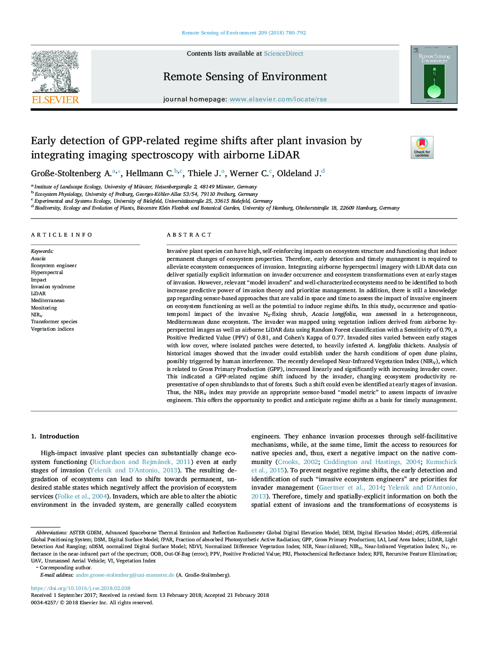 Early detection of GPP-related regime shifts after plant invasion by integrating imaging spectroscopy with airborne LiDAR