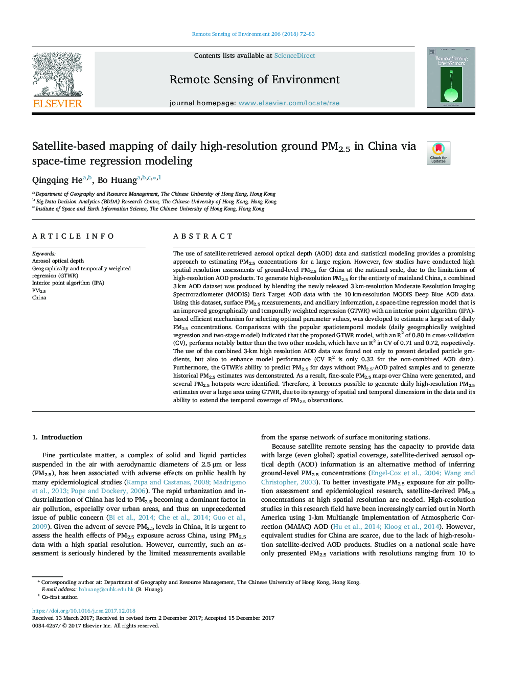 Satellite-based mapping of daily high-resolution ground PM2.5 in China via space-time regression modeling