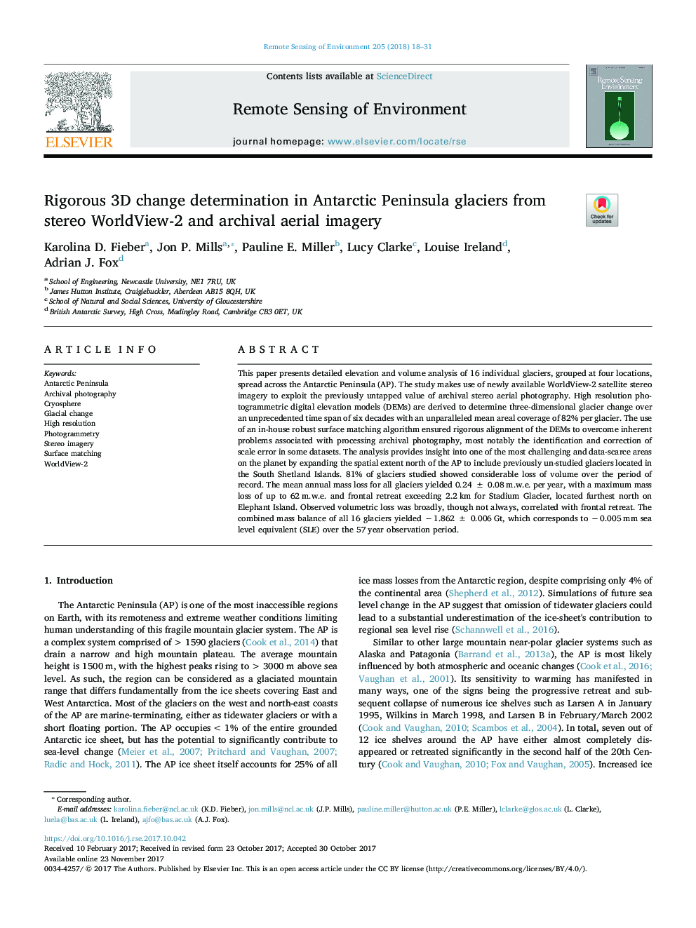 Rigorous 3D change determination in Antarctic Peninsula glaciers from stereo WorldView-2 and archival aerial imagery