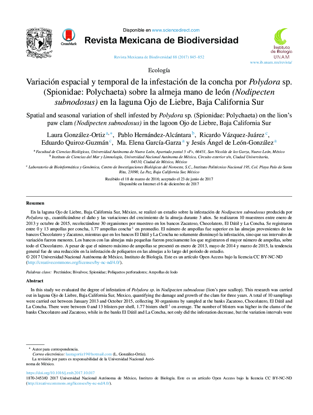 Variación espacial y temporal de la infestación de la concha por Polydora sp. (Spionidae: Polychaeta) sobre la almeja mano de león (Nodipecten subnodosus) en la laguna Ojo de Liebre, Baja California Sur