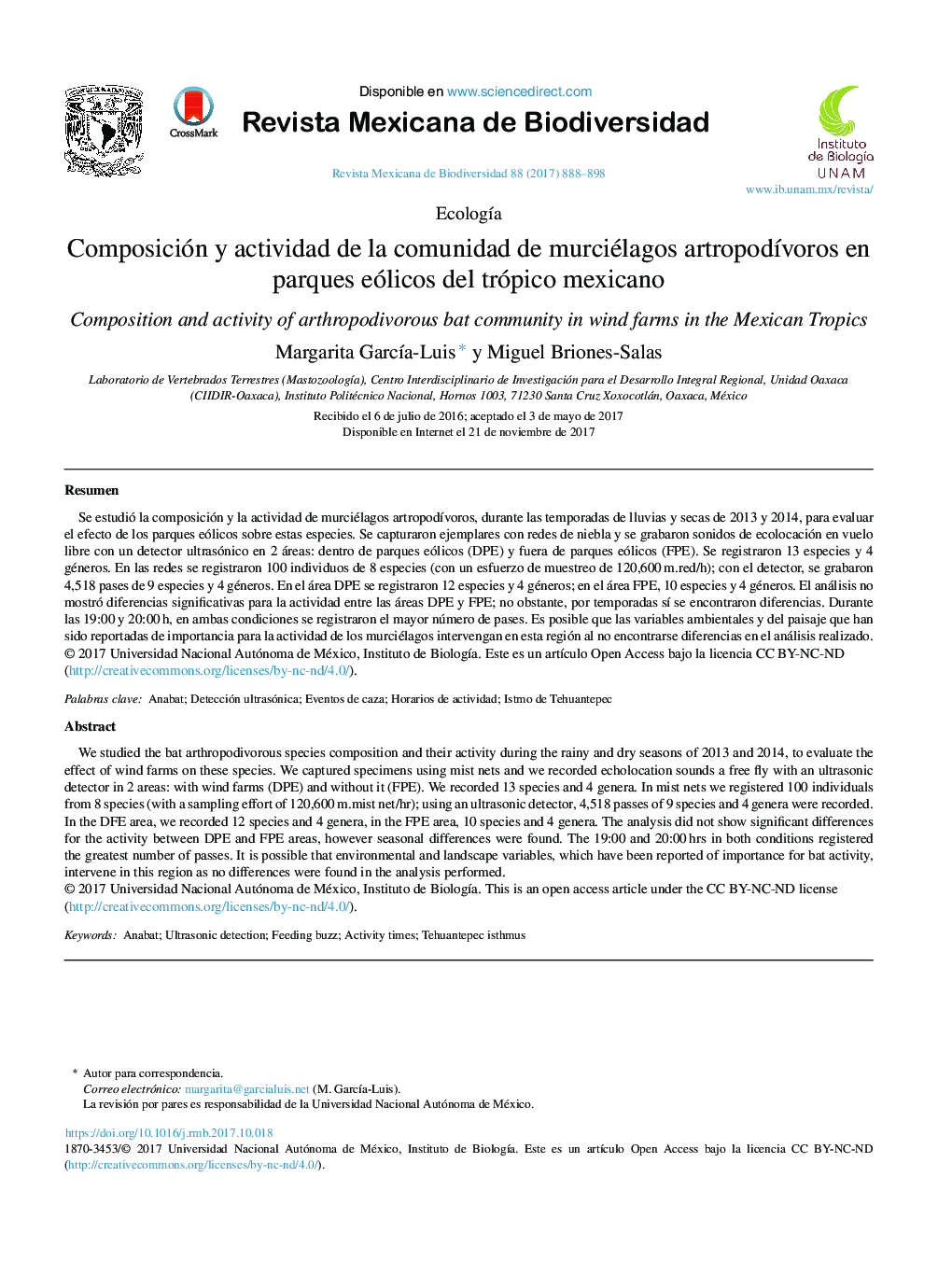 Composición y actividad de la comunidad de murciélagos artropodÃ­voros en parques eólicos del trópico mexicano