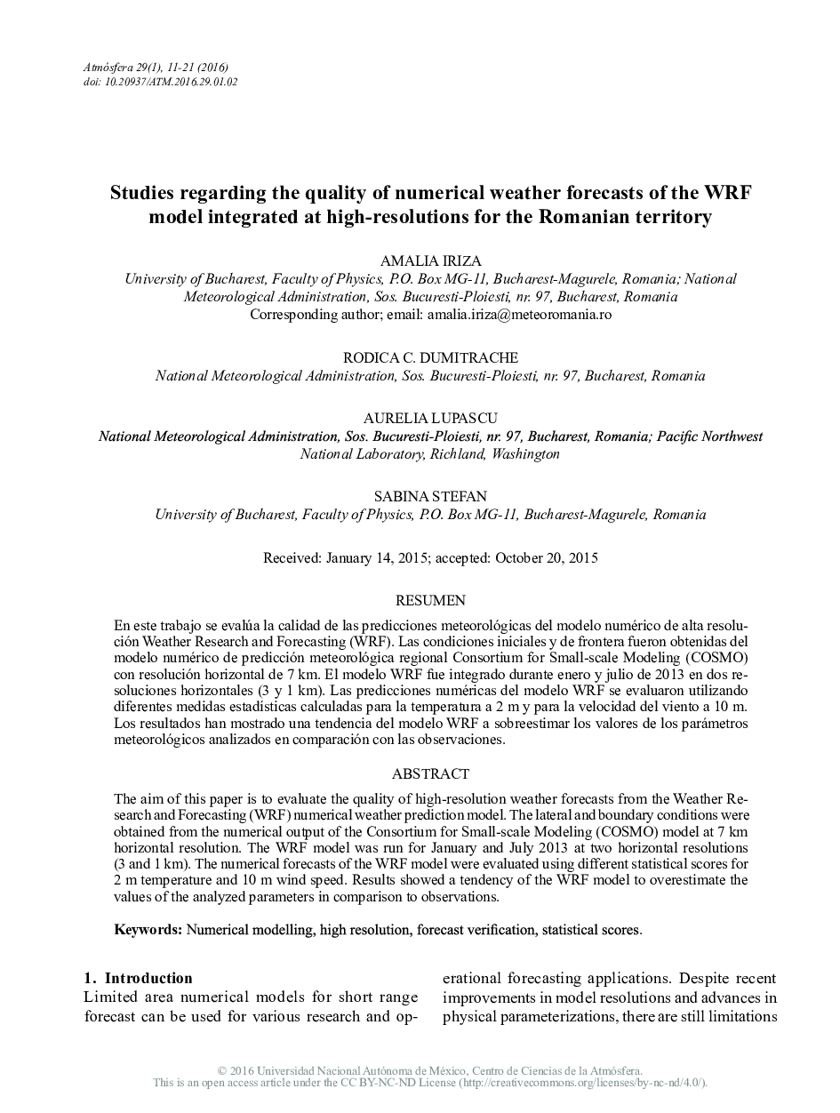 Studies regarding the quality of numerical weather forecasts of the WRF model integrated at high-resolutions for the Romanian territory