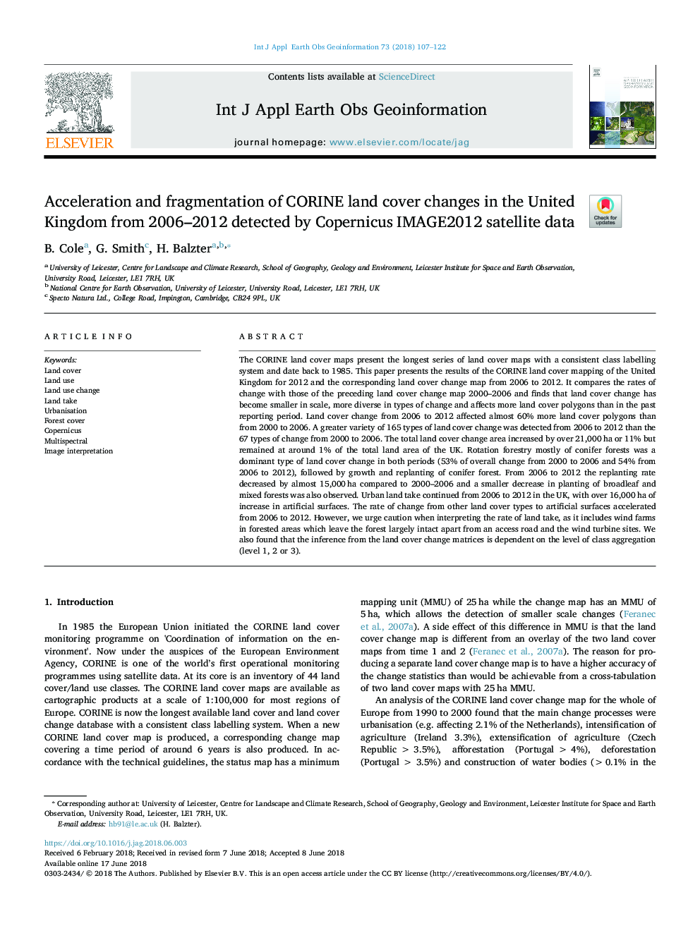 Acceleration and fragmentation of CORINE land cover changes in the United Kingdom from 2006-2012 detected by Copernicus IMAGE2012 satellite data