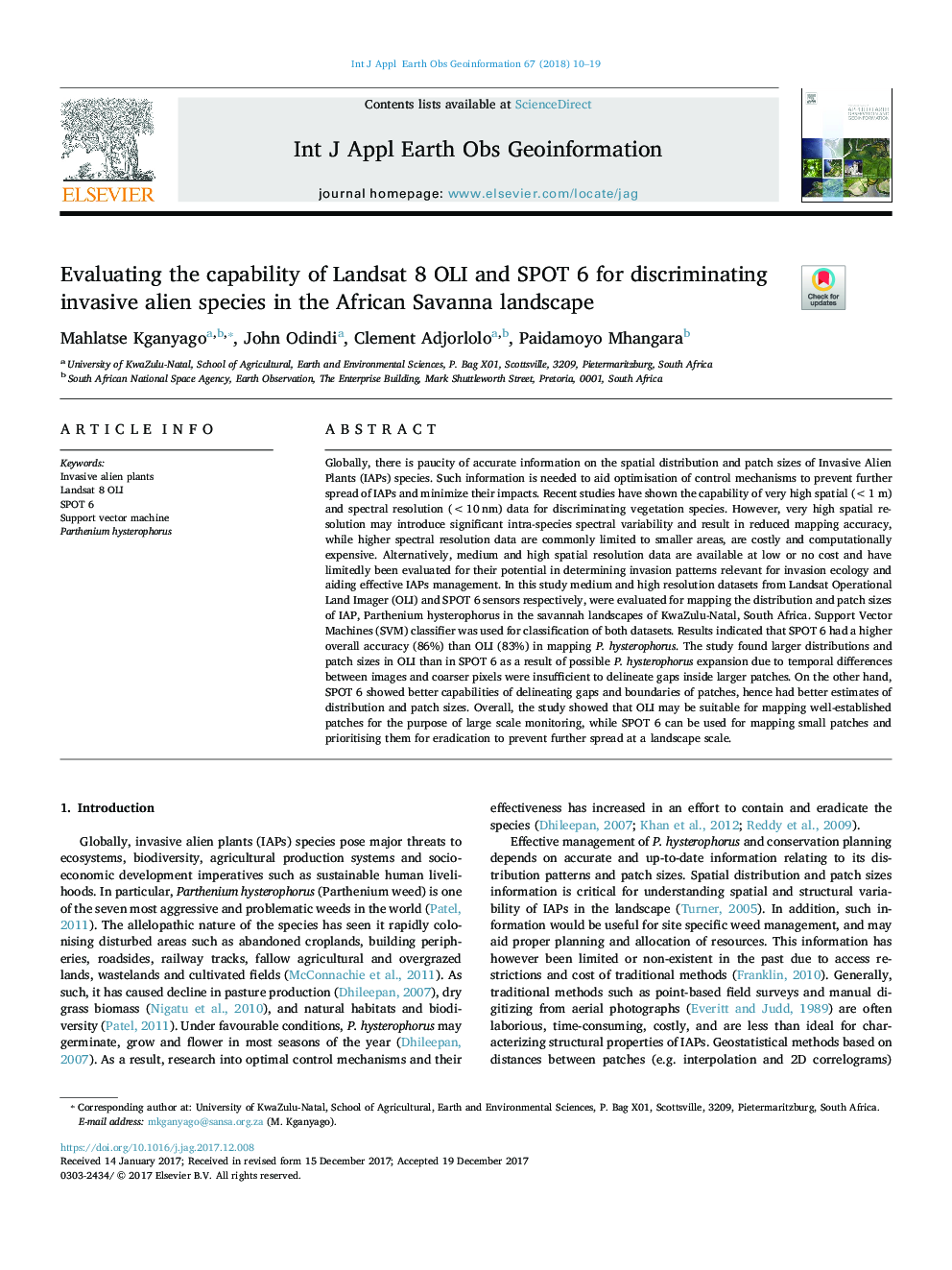 Evaluating the capability of Landsat 8 OLI and SPOT 6 for discriminating invasive alien species in the African Savanna landscape