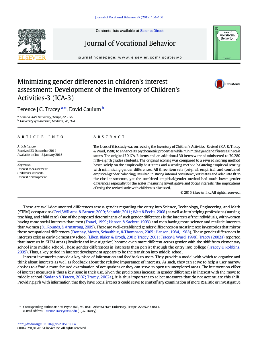 به حداقل رساندن تفاوت های جنسیتی در ارزیابی علاقه کودکان: توسعه فهرست فعالیت های کودکان -3 (ICA-3)