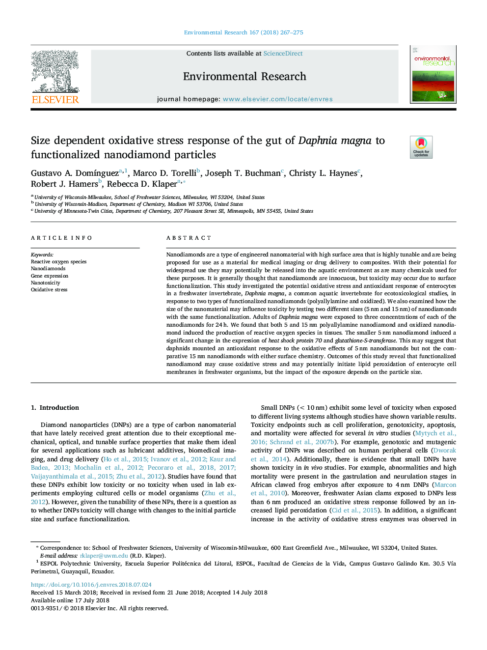 Size dependent oxidative stress response of the gut of Daphnia magna to functionalized nanodiamond particles