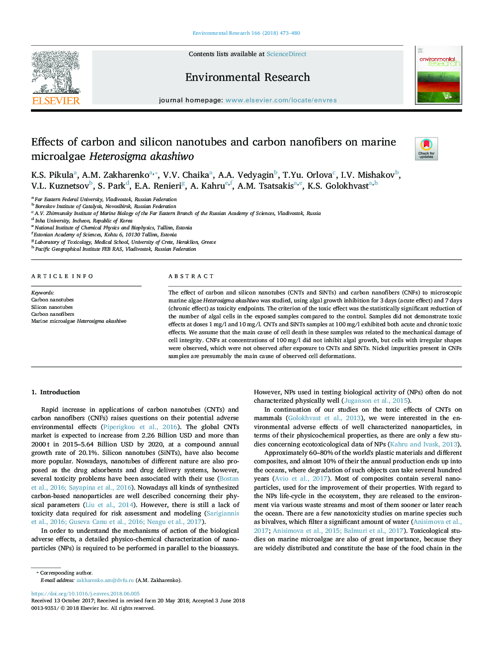 Effects of carbon and silicon nanotubes and carbon nanofibers on marine microalgae Heterosigma akashiwo