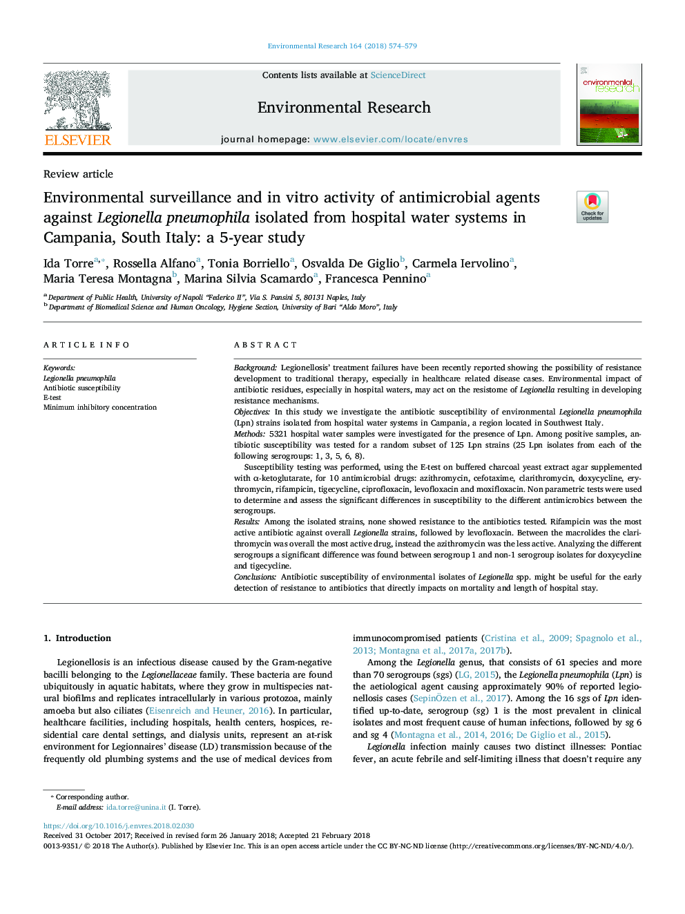 Environmental surveillance and in vitro activity of antimicrobial agents against Legionella pneumophila isolated from hospital water systems in Campania, South Italy: a 5-year study