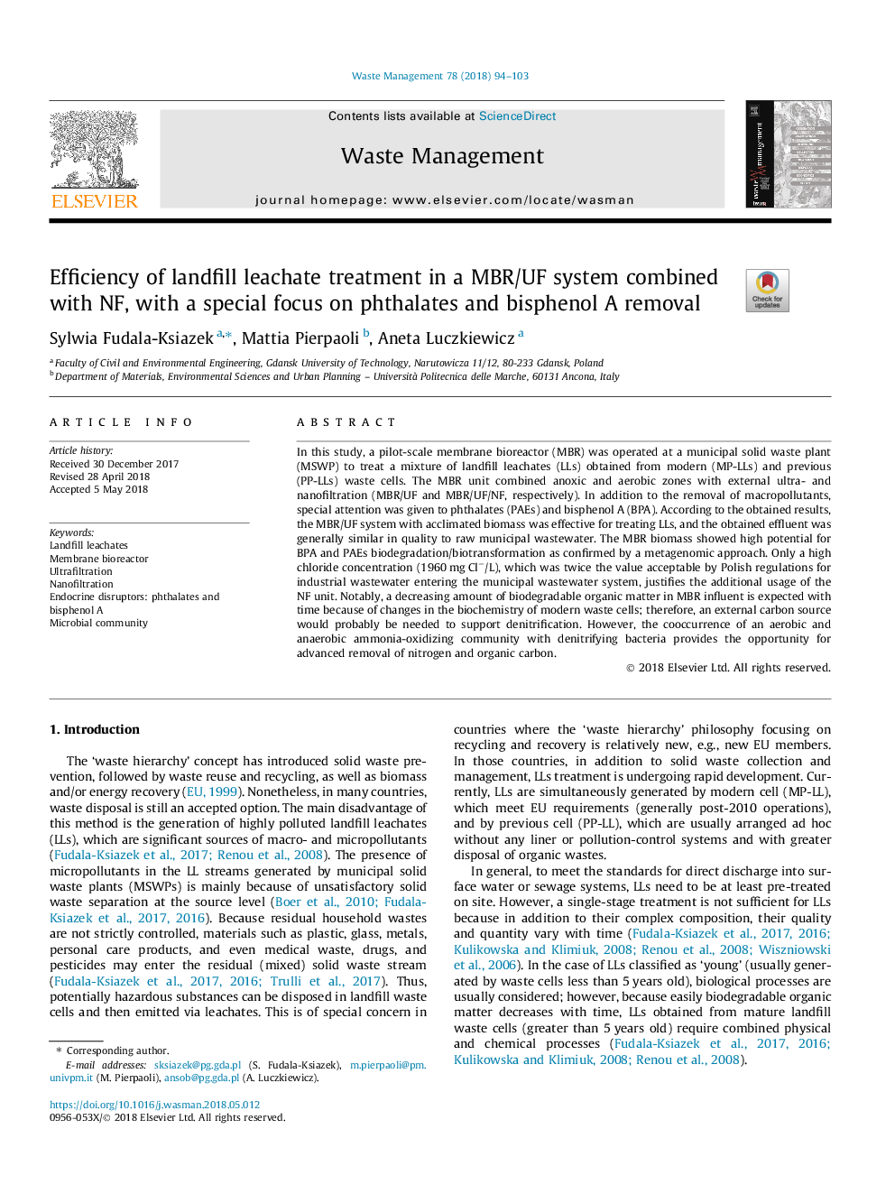 Efficiency of landfill leachate treatment in a MBR/UF system combined with NF, with a special focus on phthalates and bisphenol A removal