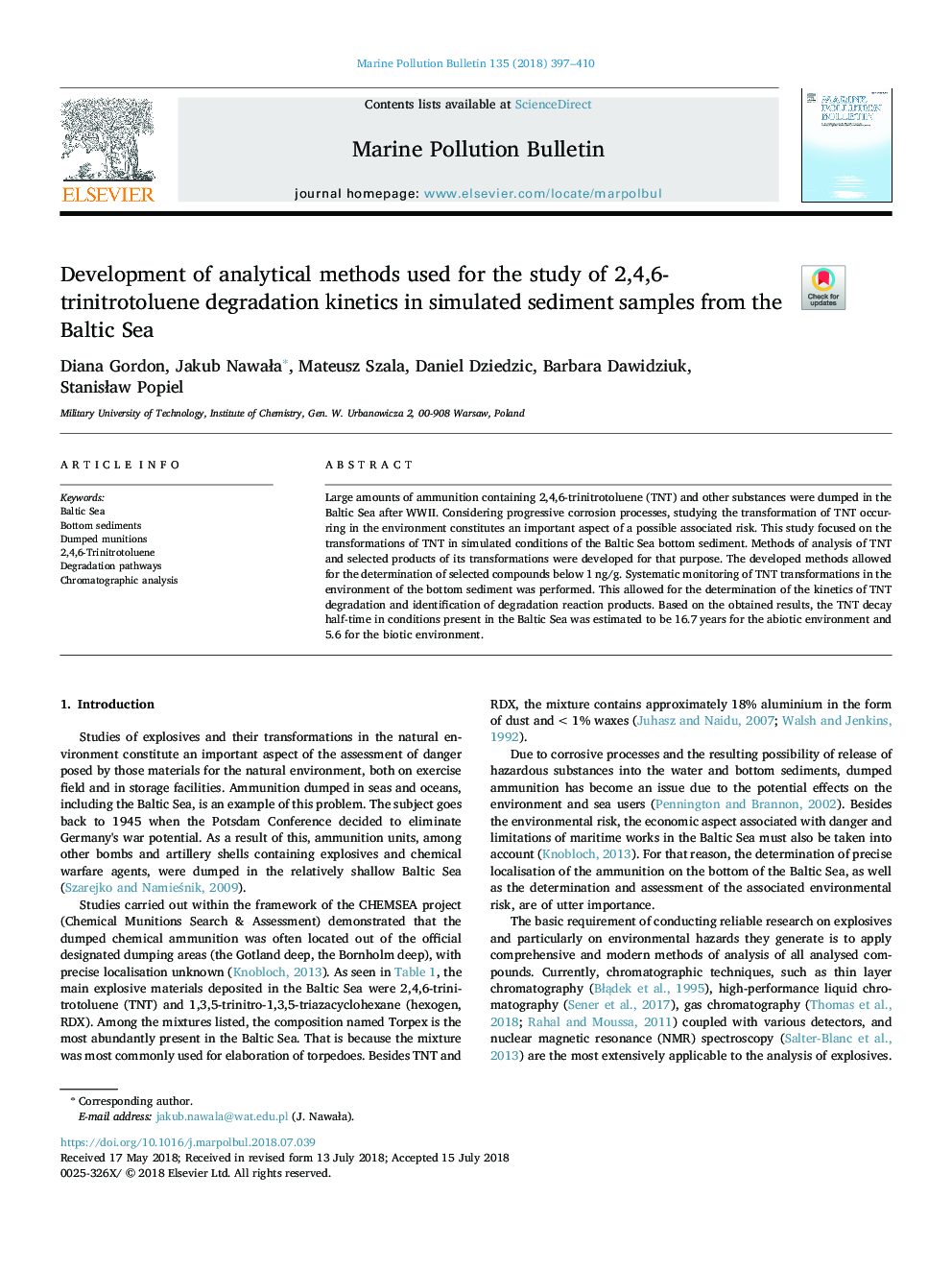 توسعه روش های تحلیلی مورد استفاده برای مطالعه سینتیک تجزیه 2،4،6-ترینیتروتوولول در نمونه های شبیه سازی رسوب از دریای بالتیک 