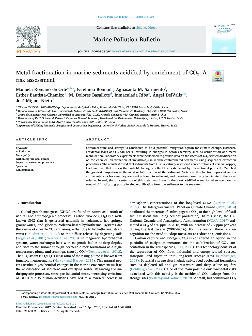Metal fractionation in marine sediments acidified by enrichment of CO2: A risk assessment
