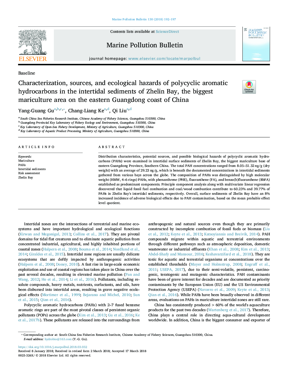 Characterization, sources, and ecological hazards of polycyclic aromatic hydrocarbons in the intertidal sediments of Zhelin Bay, the biggest mariculture area on the eastern Guangdong coast of China