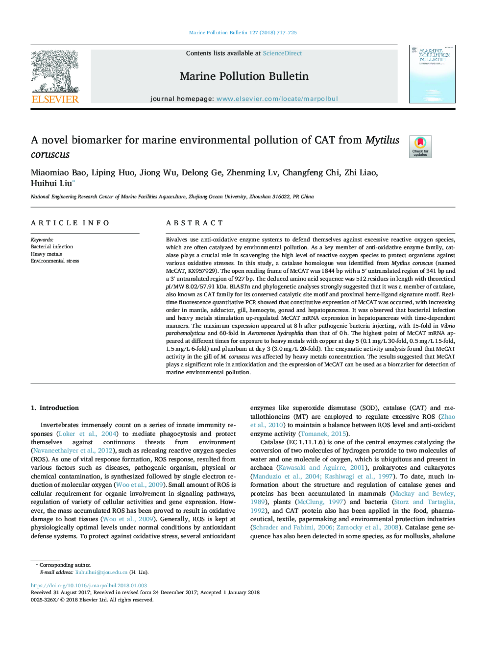 A novel biomarker for marine environmental pollution of CAT from Mytilus coruscus