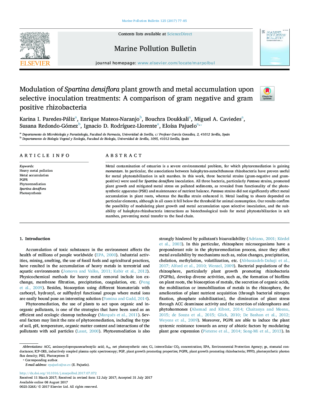 Modulation of Spartina densiflora plant growth and metal accumulation upon selective inoculation treatments: A comparison of gram negative and gram positive rhizobacteria