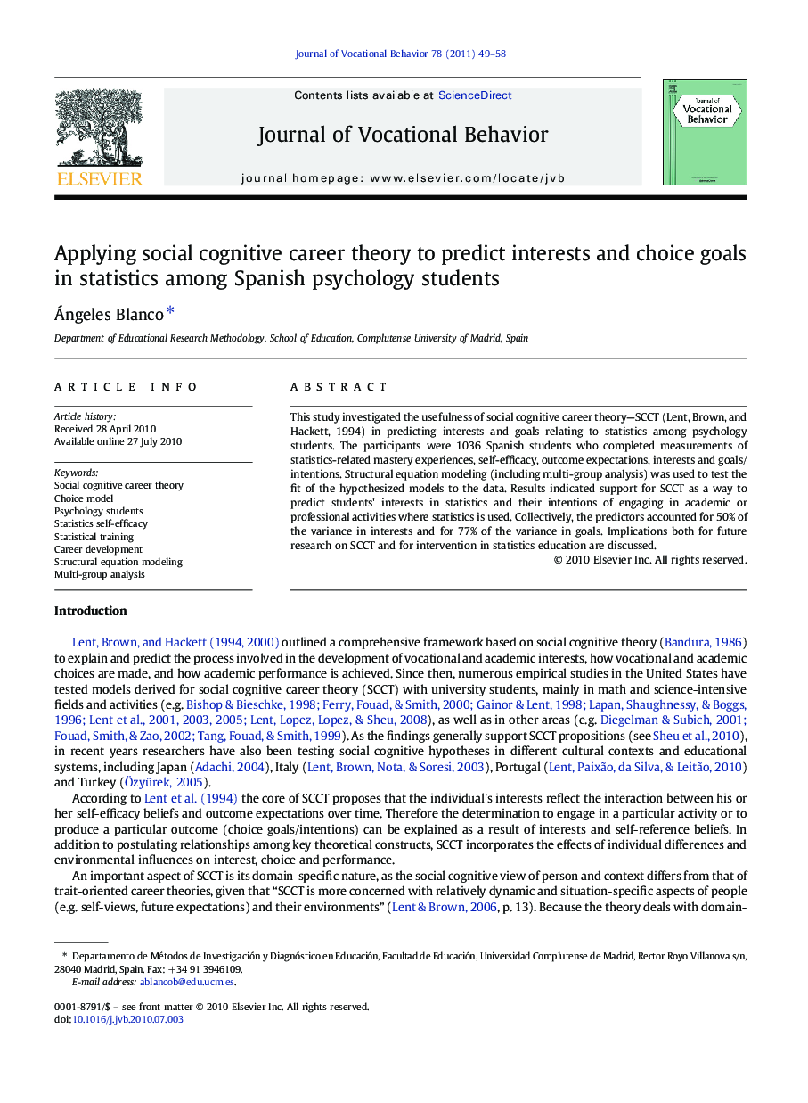 Applying social cognitive career theory to predict interests and choice goals in statistics among Spanish psychology students