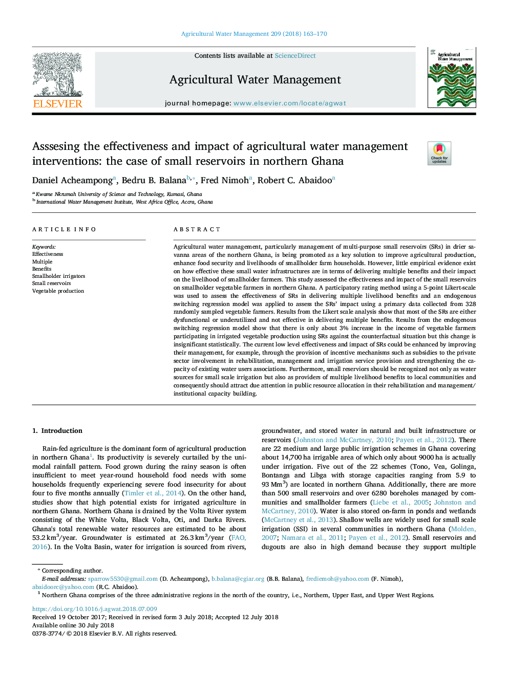 تأثیر مؤثر و تاثیر مداخلات مدیریت آب کشاورزی: ​​مورد مخازن کوچک در شمال غنا 