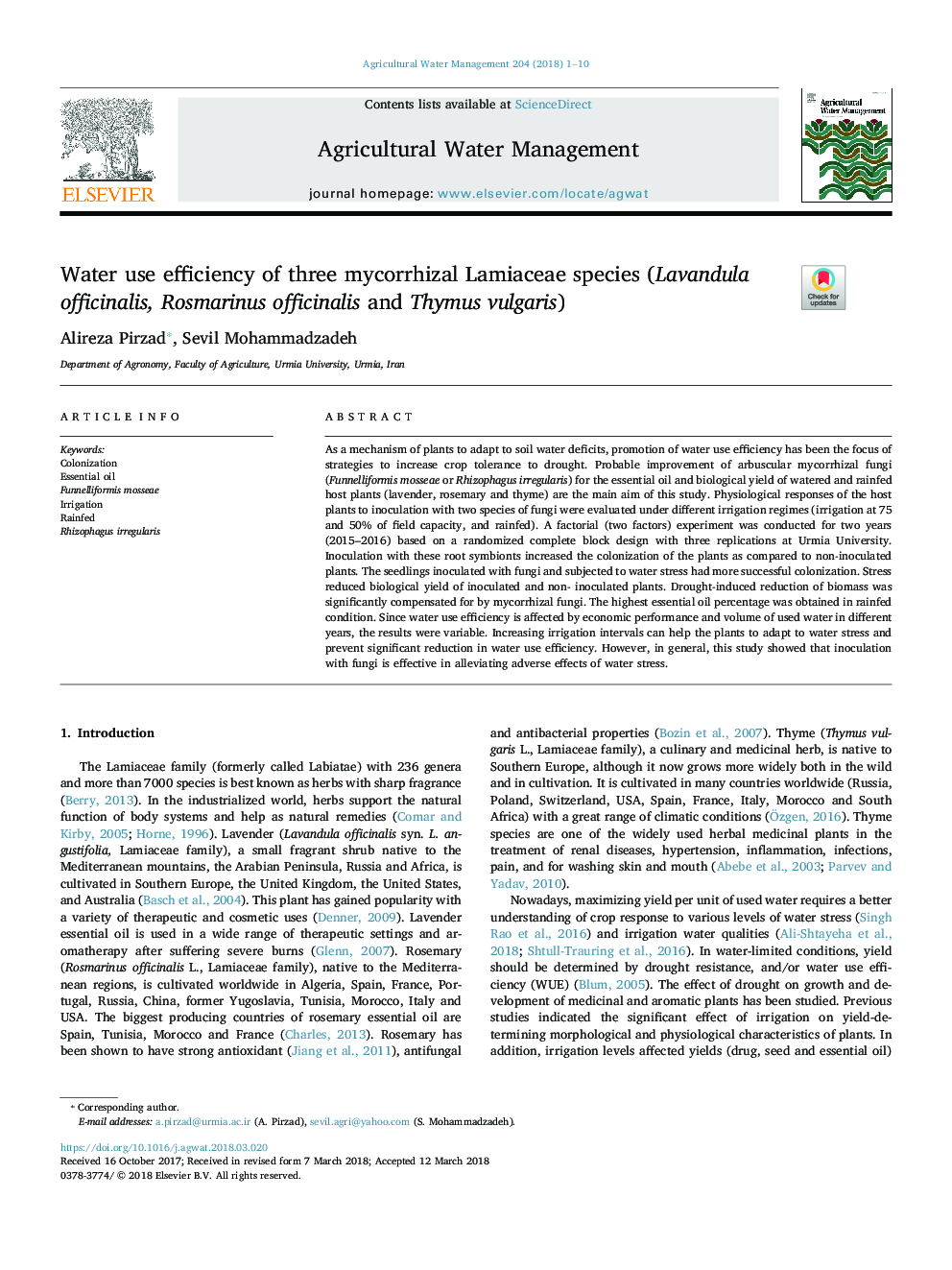 Water use efficiency of three mycorrhizal Lamiaceae species (Lavandula officinalis, Rosmarinus officinalis and Thymus vulgaris)
