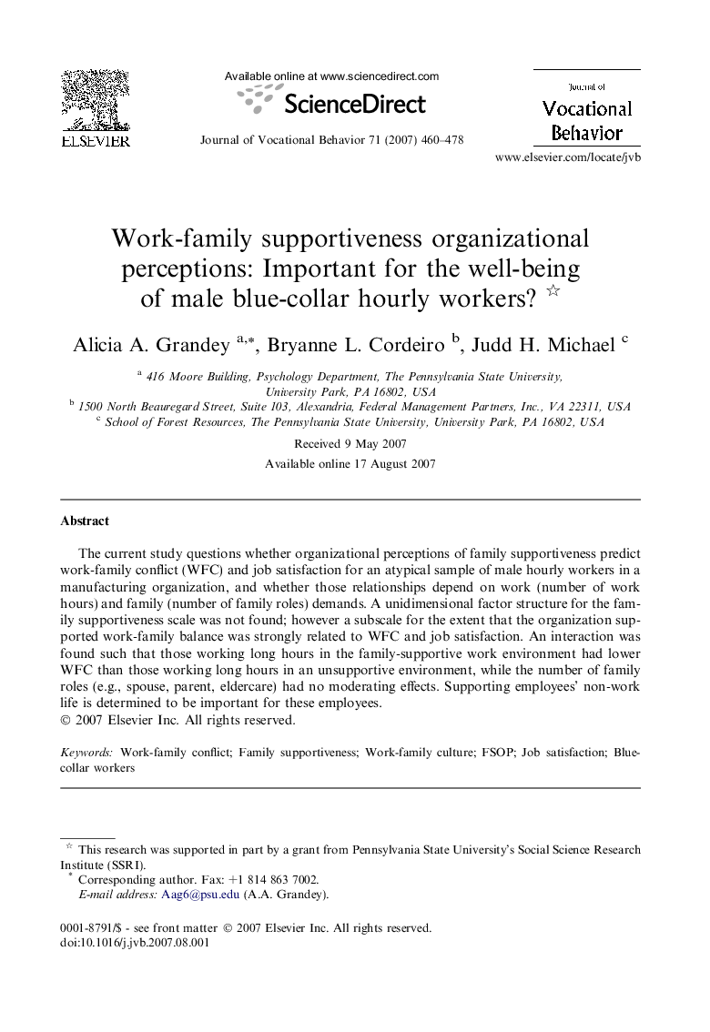 Work-family supportiveness organizational perceptions: Important for the well-being of male blue-collar hourly workers? 