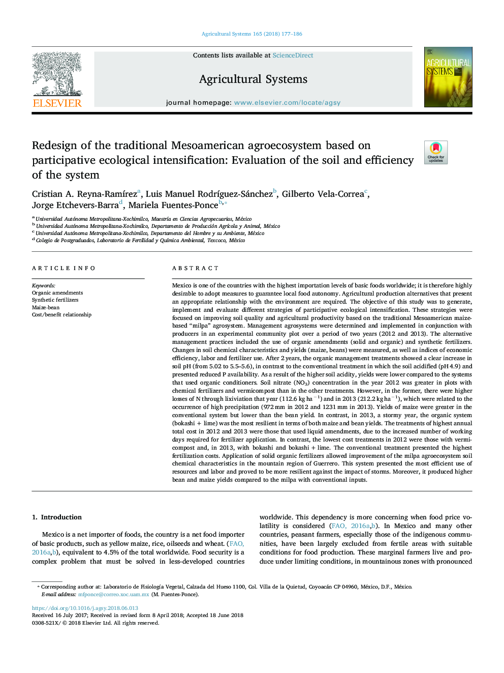 Redesign of the traditional Mesoamerican agroecosystem based on participative ecological intensification: Evaluation of the soil and efficiency of the system