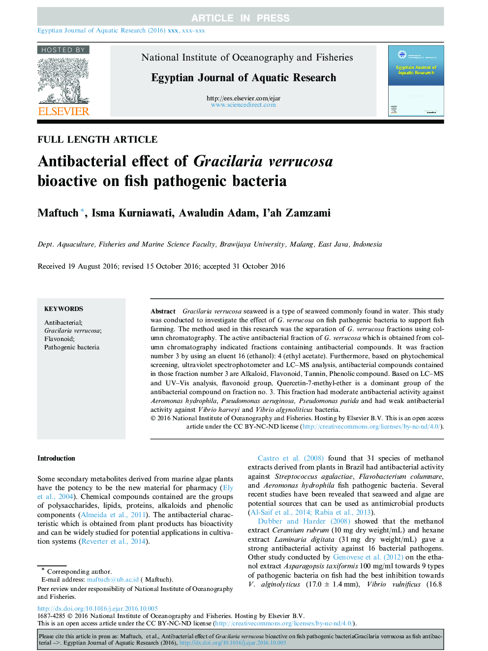 Antibacterial effect of Gracilaria verrucosa bioactive on fish pathogenic bacteria