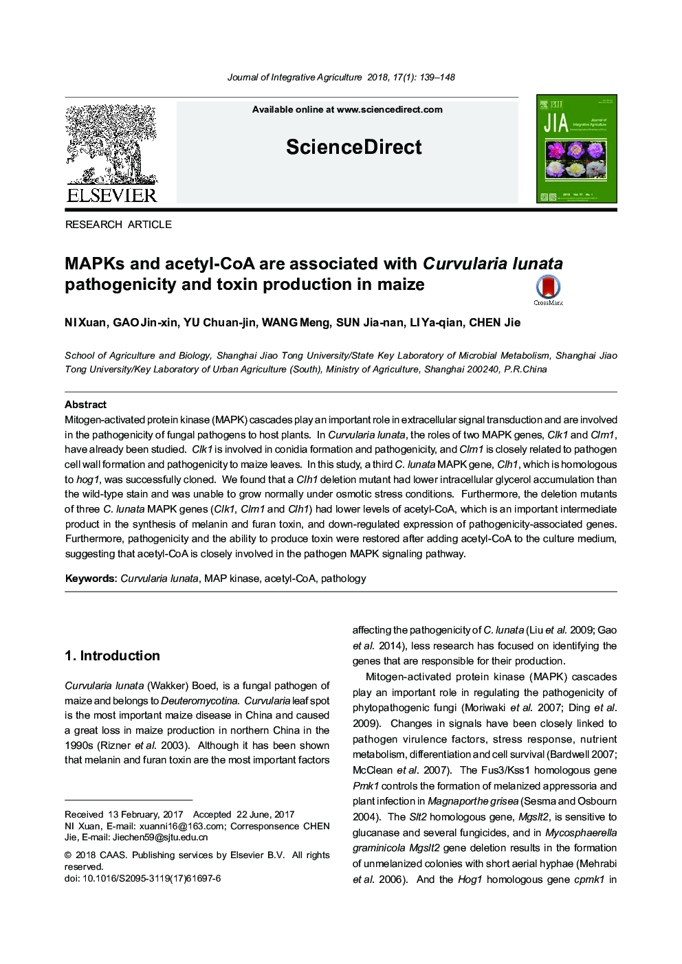 MAPKs and acetyl-CoA are associated with Curvularia lunata pathogenicity and toxin production in maize