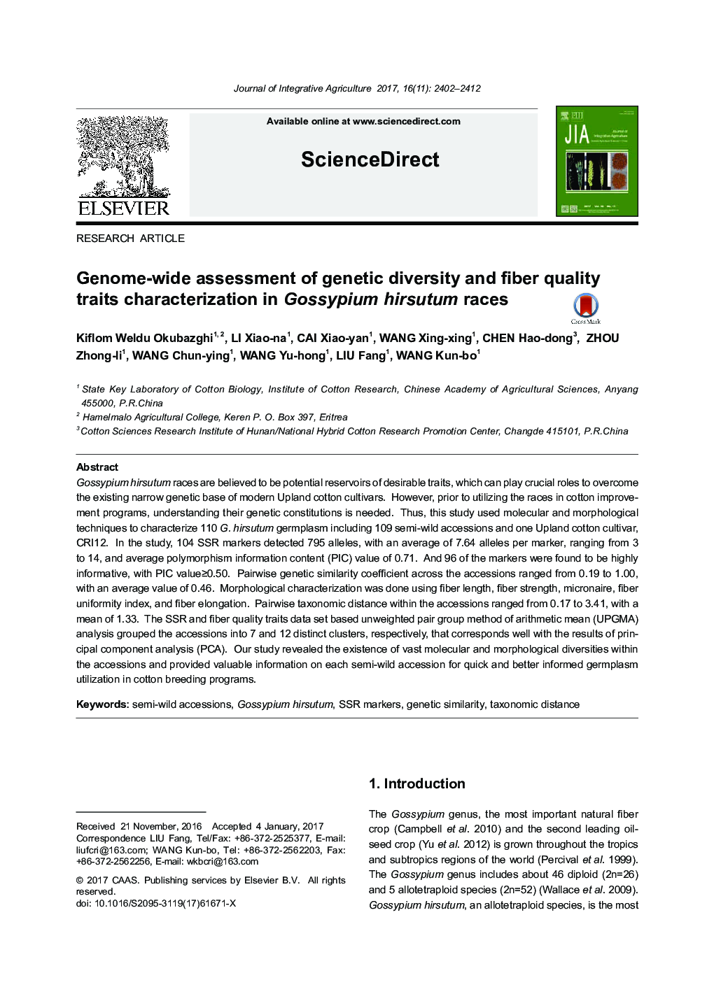 Genome-wide assessment of genetic diversity and fiber quality traits characterization in Gossypium hirsutum races
