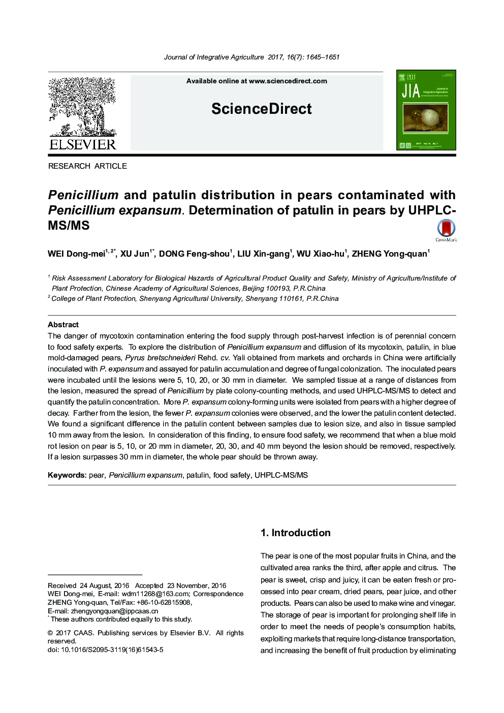 Penicillium and patulin distribution in pears contaminated with Penicillium expansum. Determination of patulin in pears by UHPLC-MS/MS