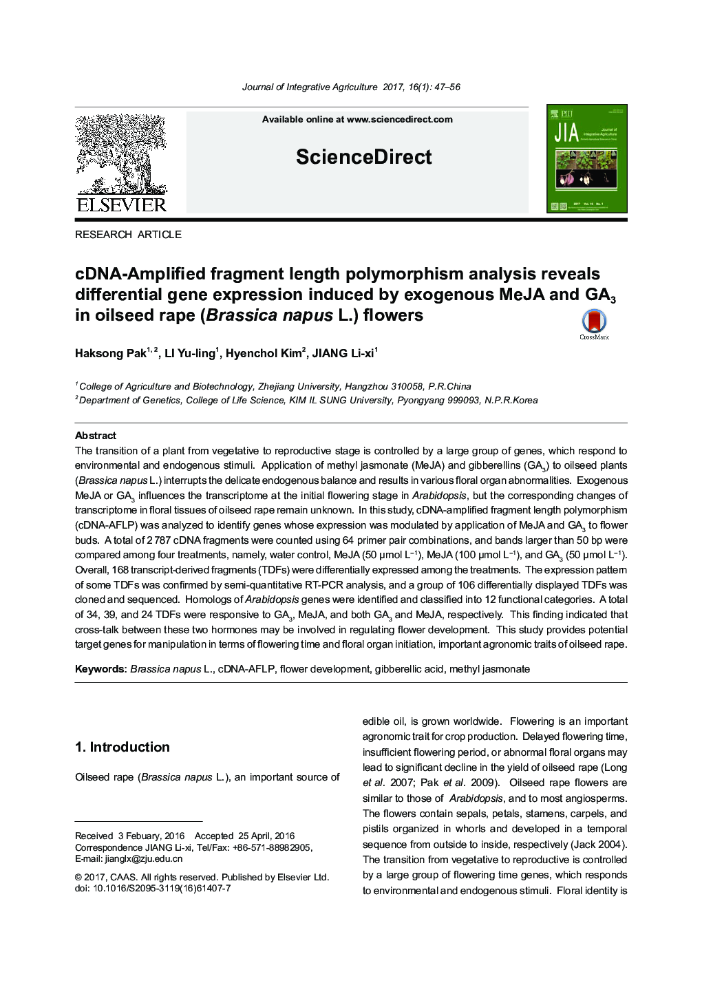 cDNA-Amplified fragment length polymorphism analysis reveals differential gene expression induced by exogenous MeJA and GA3 in oilseed rape (Brassica napus L.) flowers