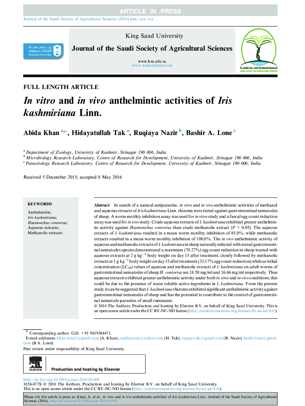 In vitro and in vivo anthelmintic activities of Iris kashmiriana Linn.